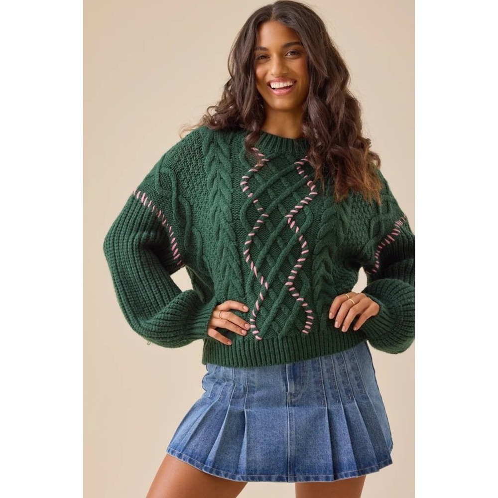 Altard State Women Green Pink‎ Whipstitch Cable Knit Sweater Size XXS NEW